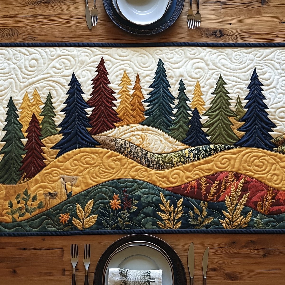 Folk Pine Forest over Golden Hills Table Runner - Made to Order TABLE928