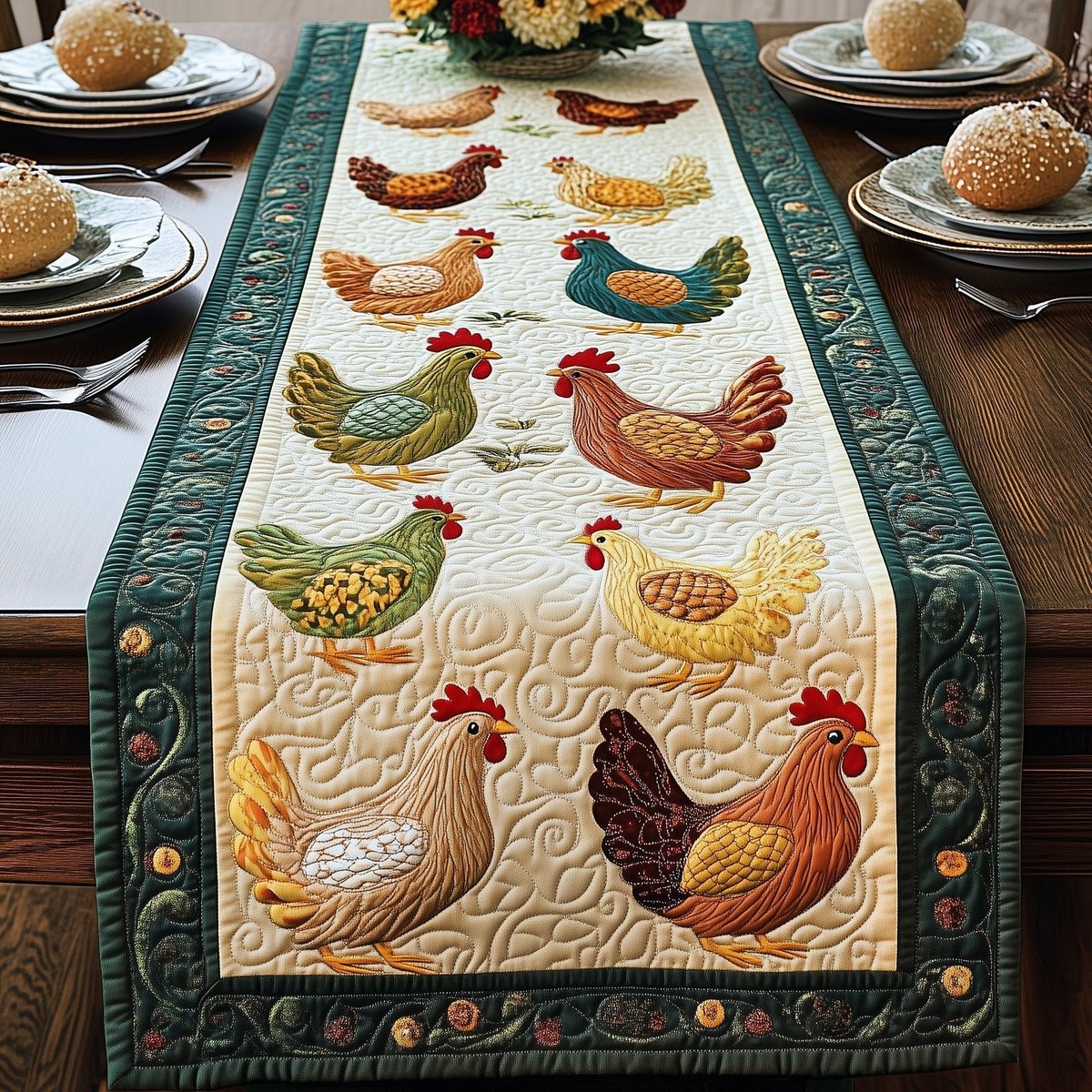 Folk Chickens on Cream Table Runner - Made to Order TABLE928