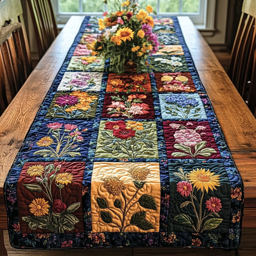 Flower Blocks on Navy Grid Table Runner - Made to Order TABLE928