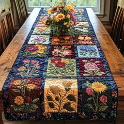 Flower Blocks on Navy Grid Table Runner - Made to Order TABLE928