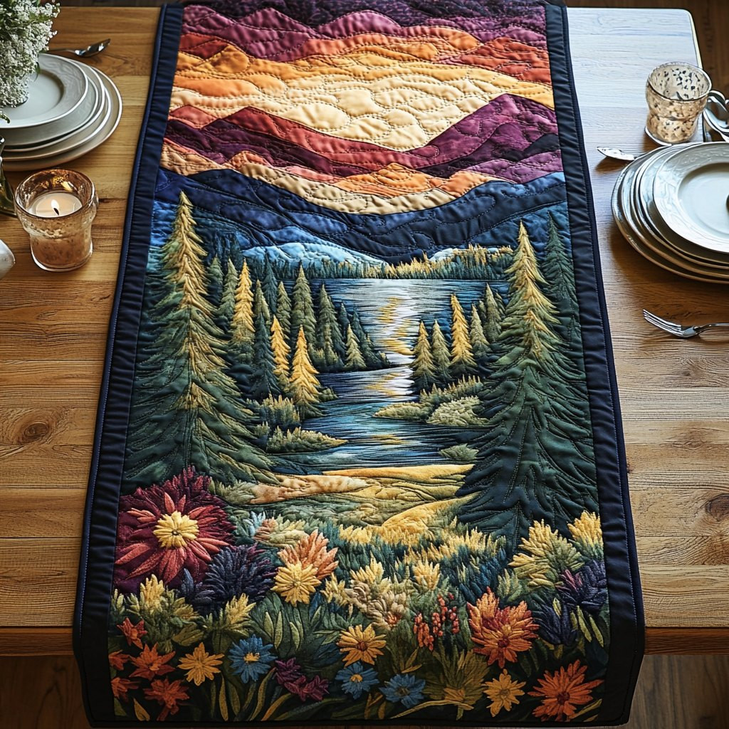 Forest River with Autumn Flowers Table Runner - Made to Order TABLE928