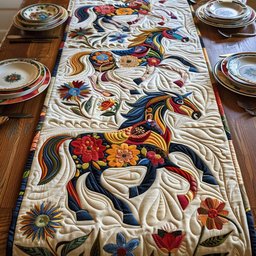 Folk Horse with Flowers on Cream Table Runner - Made to Order TABLE928