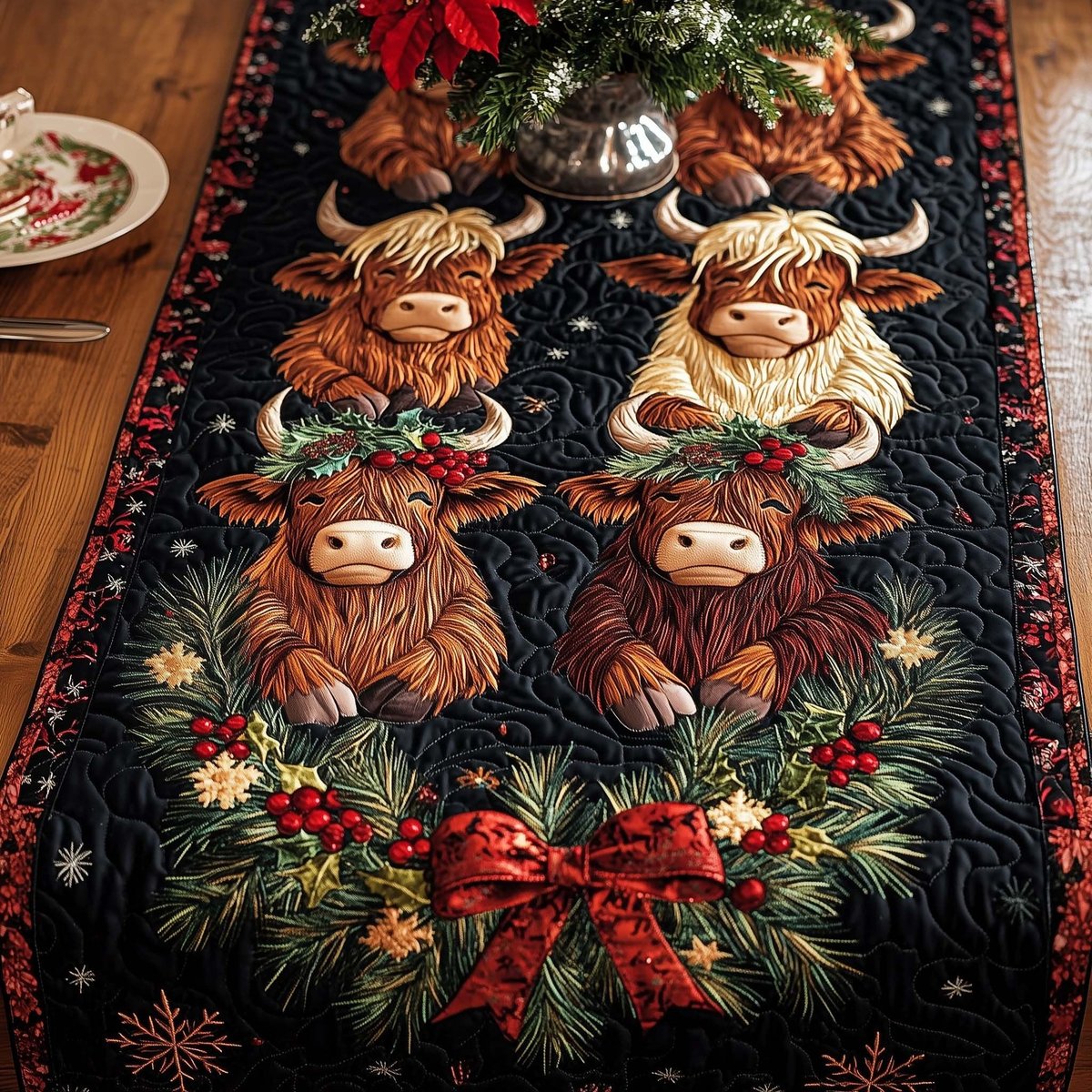 Four Highland Cows with Red Bow Table Runner - Made to Order TABLE928