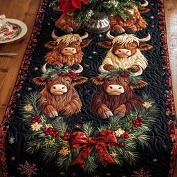 Four Highland Cows with Red Bow Table Runner - Made to Order TABLE928