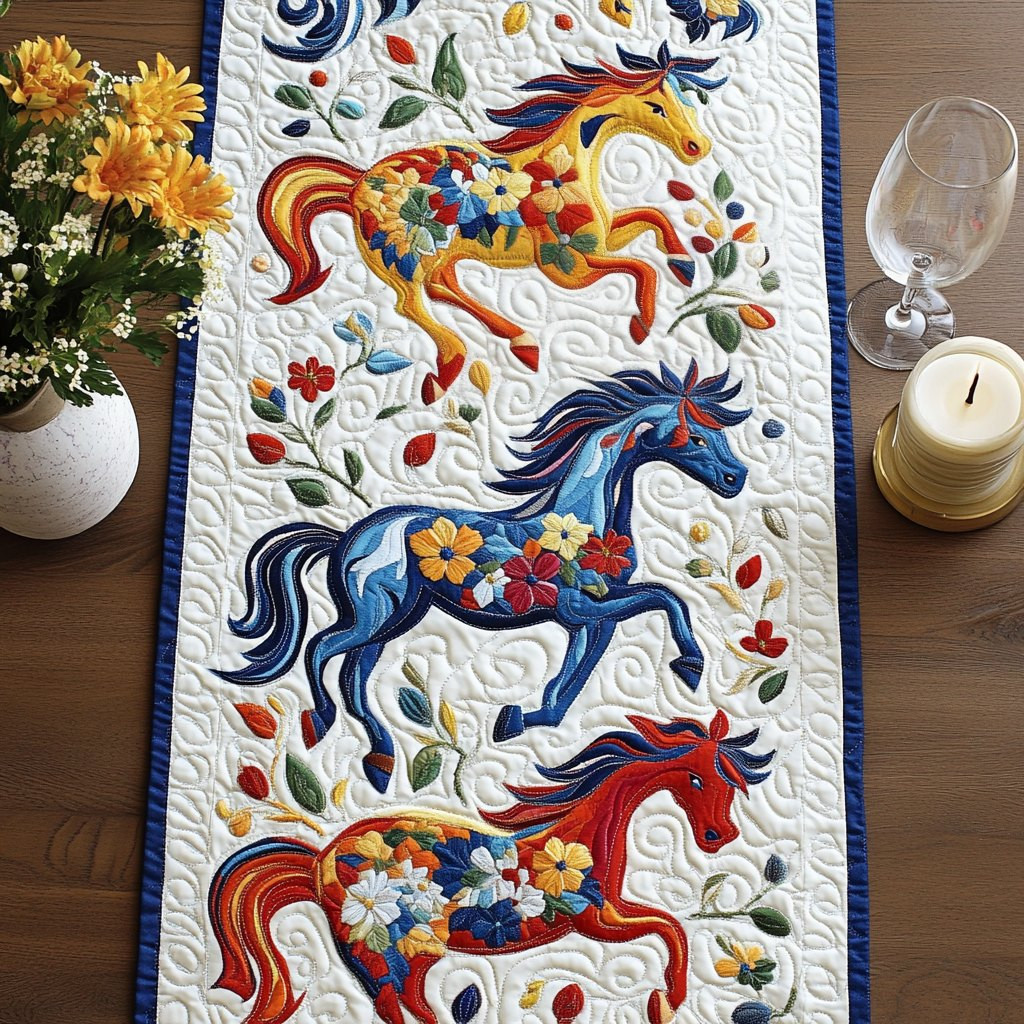 Folk Horses in Blue and Red Table Runner - Made to Order TABLE928