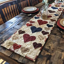 Folk Hearts on Cream Patchwork Table Runner - Made to Order TABLE928