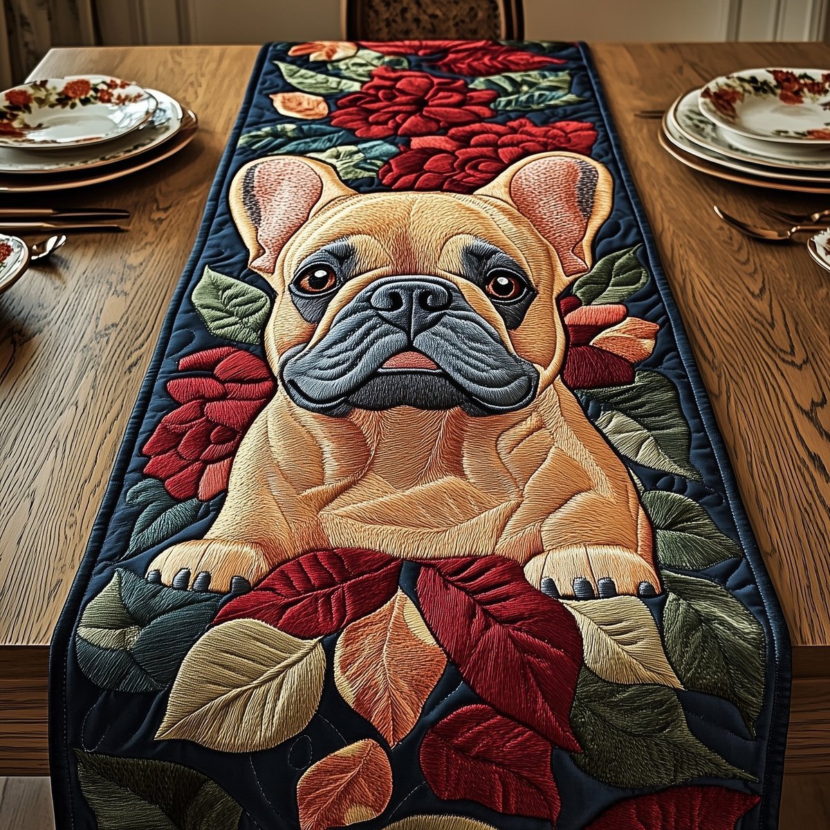 French Bulldog Among Autumn Leaves Table Runner - Made to Order TABLE928