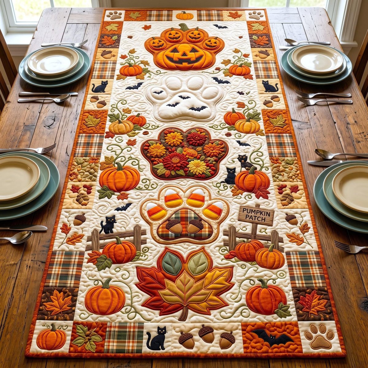 Folk Autumn Blocks with Pumpkins and Cats Table Runner - Made to Order TABLE928