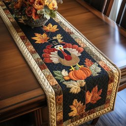 Folk Turkey with Autumn Leaves Table Runner - Made to Order TABLE928