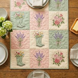 Flower Filled Boots in Pastel Blocks Table Runner - Made to Order TABLE928