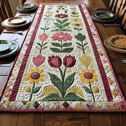 Folk Tulips and Daisies on Cream Table Runner - Made to Order TABLE928