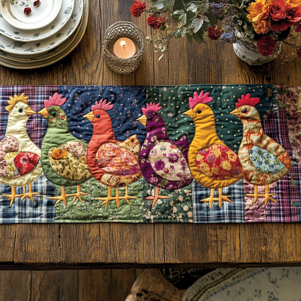 Folk Chickens on Plaid Ground Table Runner - Made to Order TABLE928