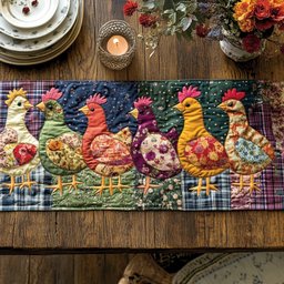 Folk Chickens on Plaid Ground Table Runner - Made to Order TABLE928