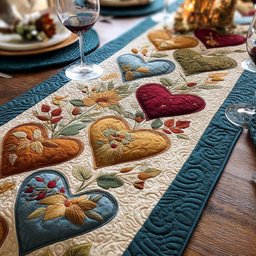 Folk Hearts in Teal and Gold Table Runner - Made to Order TABLE928