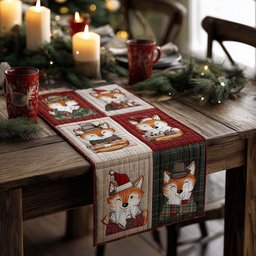 Foxes in Winter Hats on Cream Table Runner - Made to Order TABLE928