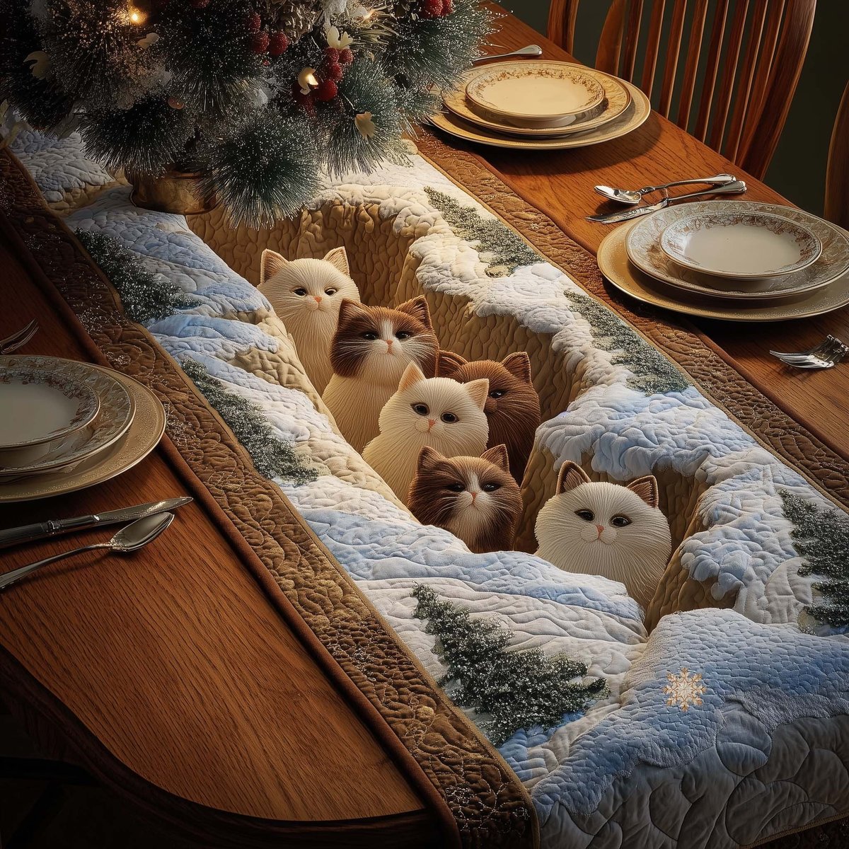 Fluffy Cats in Snowy Hollow Table Runner - Made to Order TABLE928