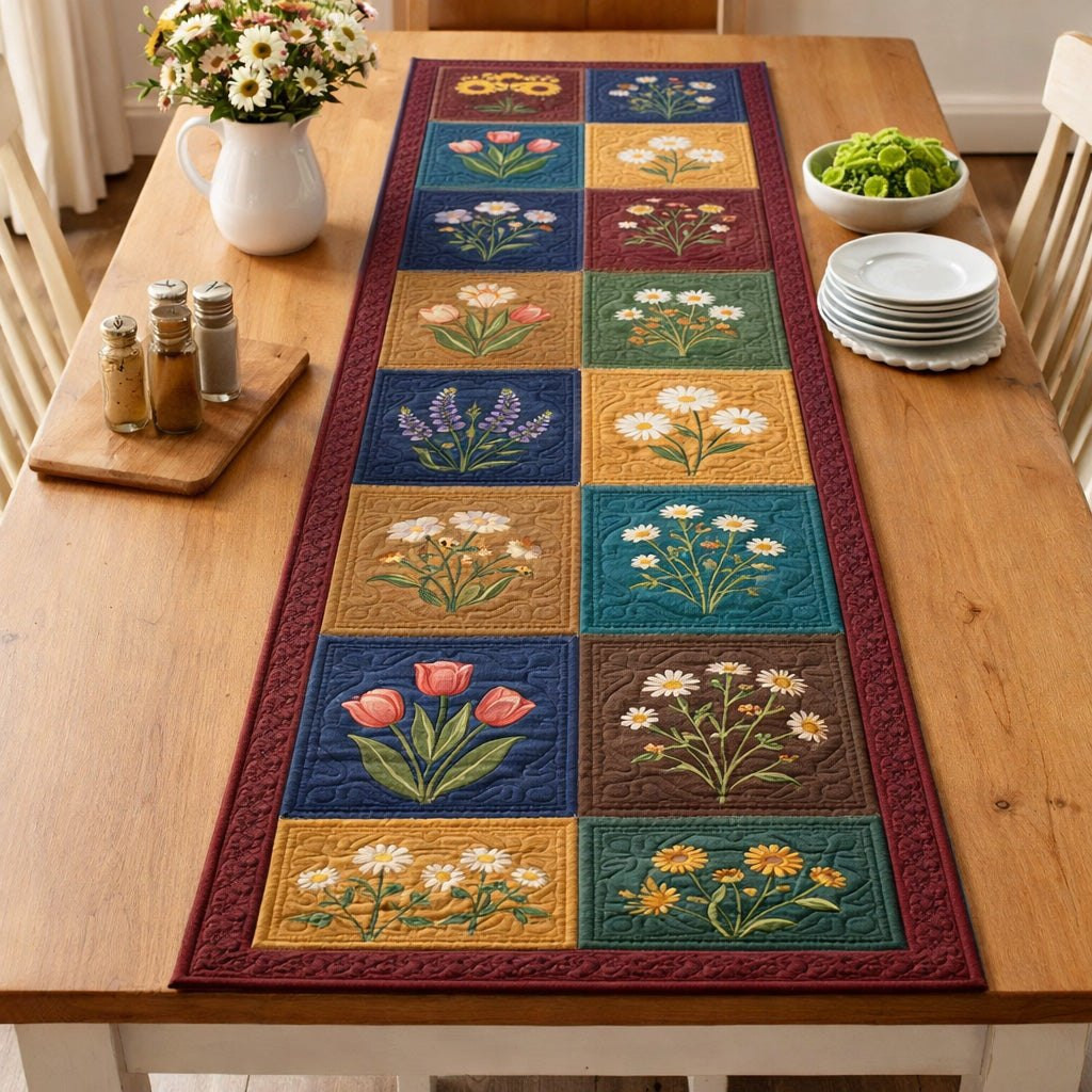 Flower Blocks in Teal and Gold Table Runner - Made to Order TABLE928