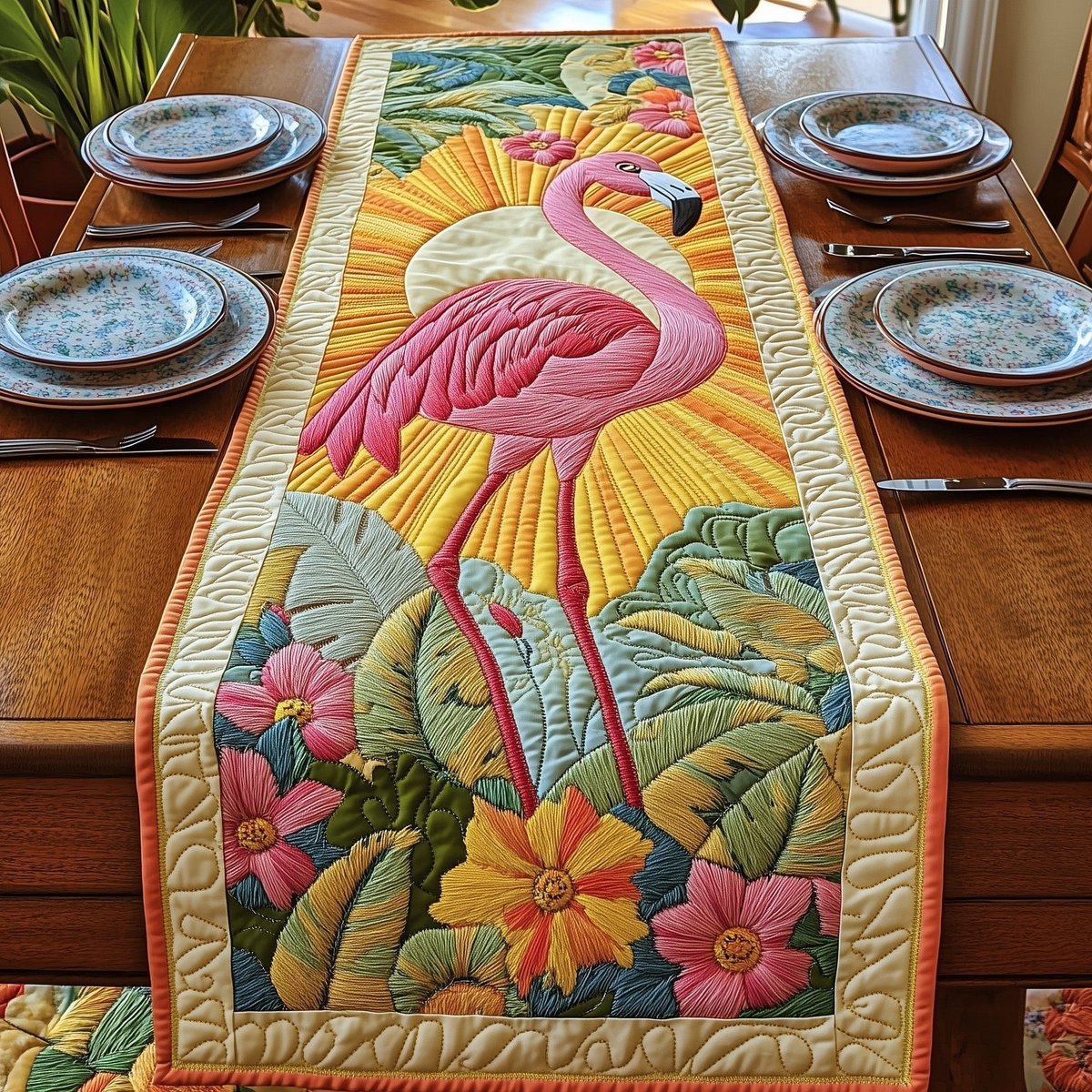 Flamingo with Yellow Blossoms Table Runner - Made to Order TABLE928