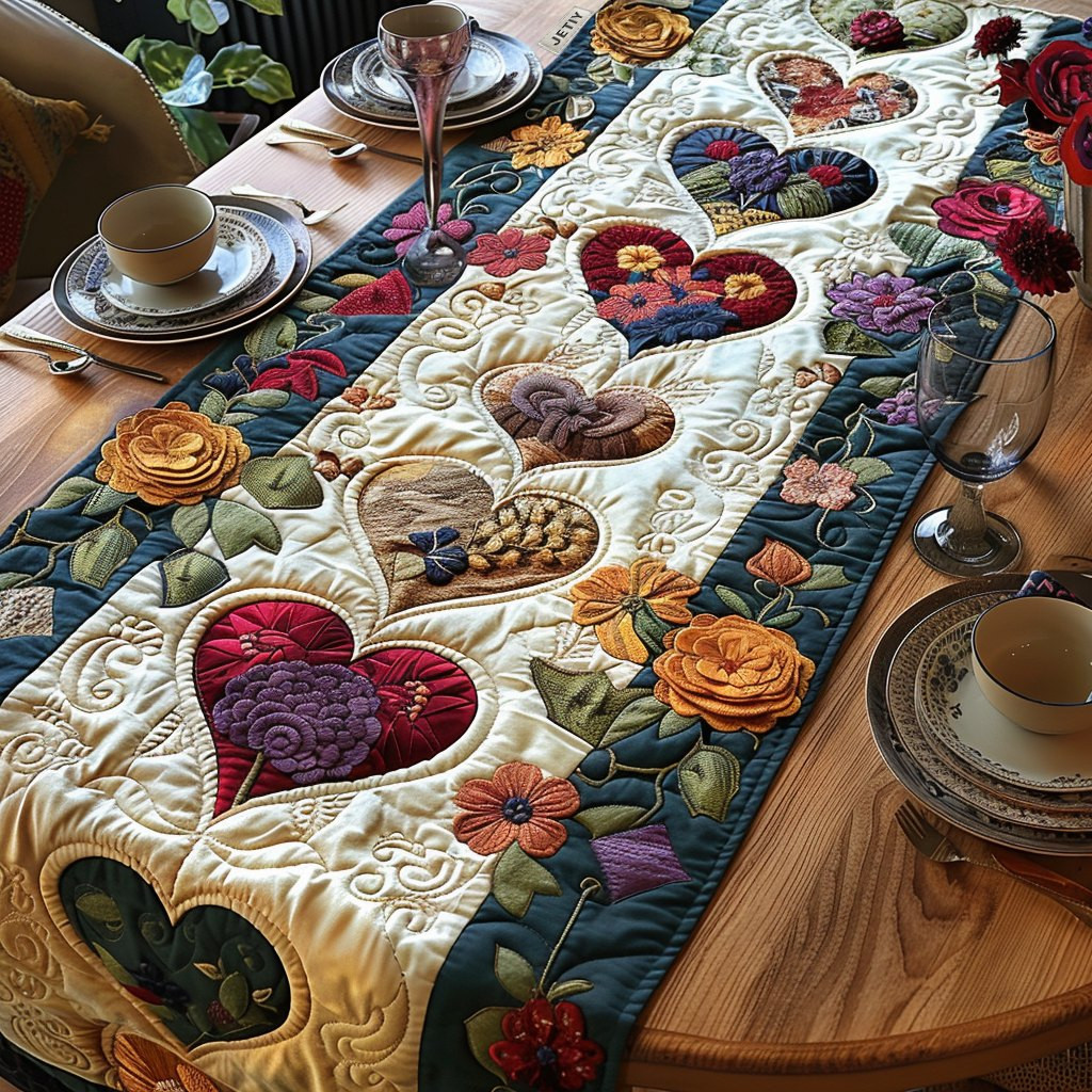 Floral Hearts in Warm Patchwork Table Runner - Made to Order TABLE928