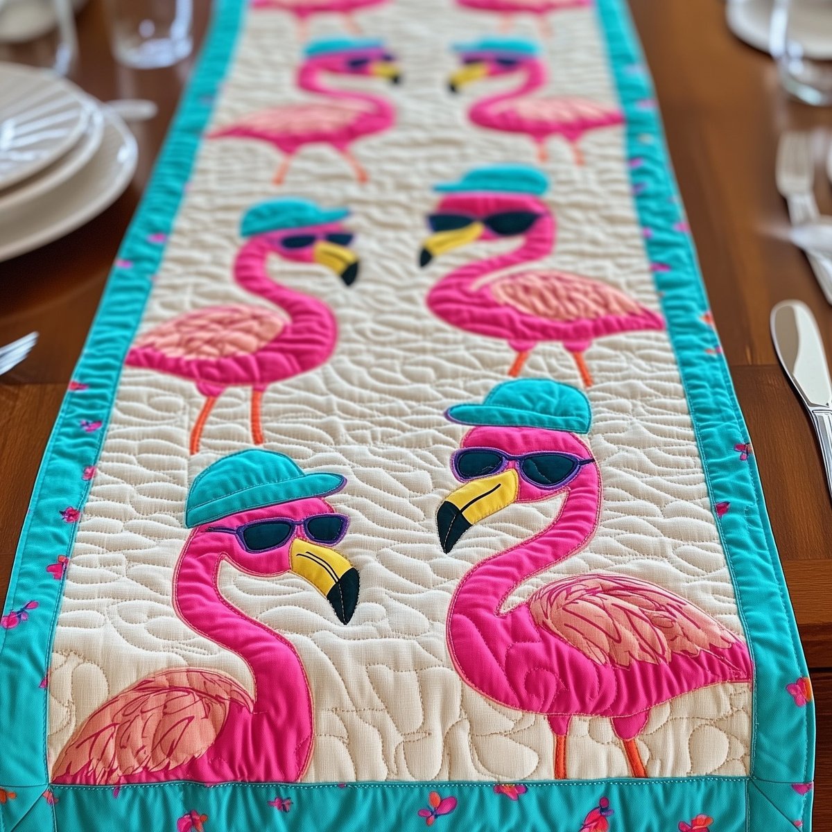 Flamingos in Sunglasses on Cream Table Runner - Made to Order TABLE928
