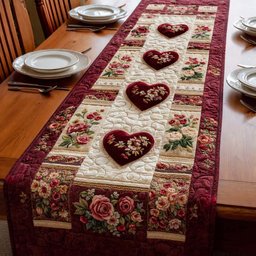 Floral Hearts on Rose Print Panel Table Runner - Made to Order TABLE928