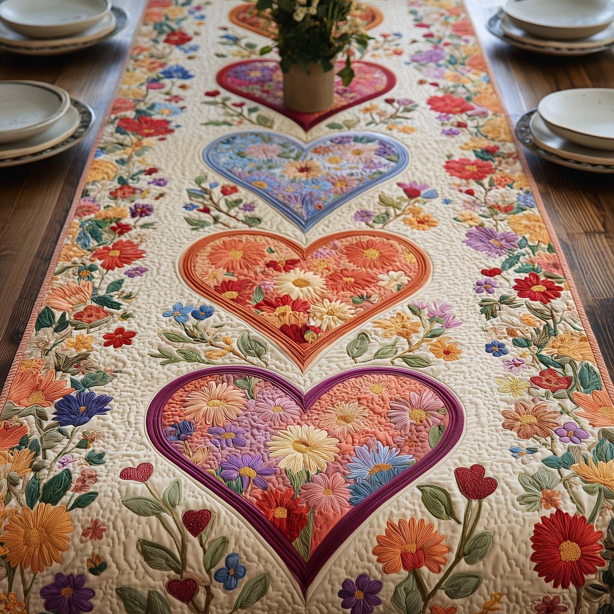 Floral Hearts on Cream Panel Table Runner - Made to Order TABLE928