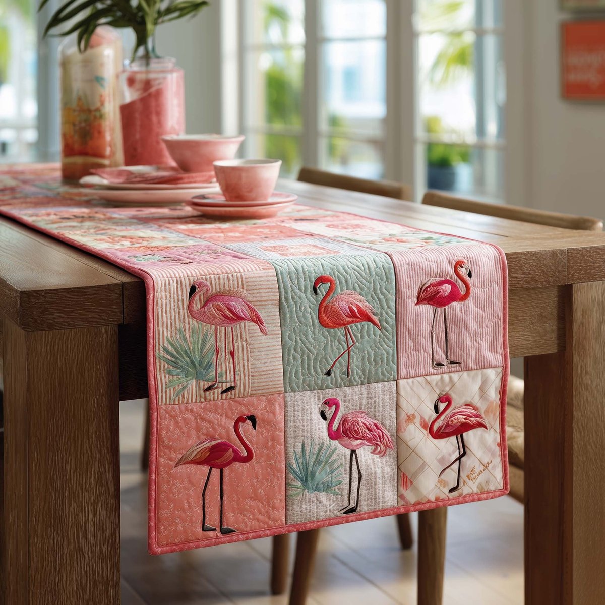 Flamingos on Pale Pink Blocks Table Runner - Made to Order TABLE928