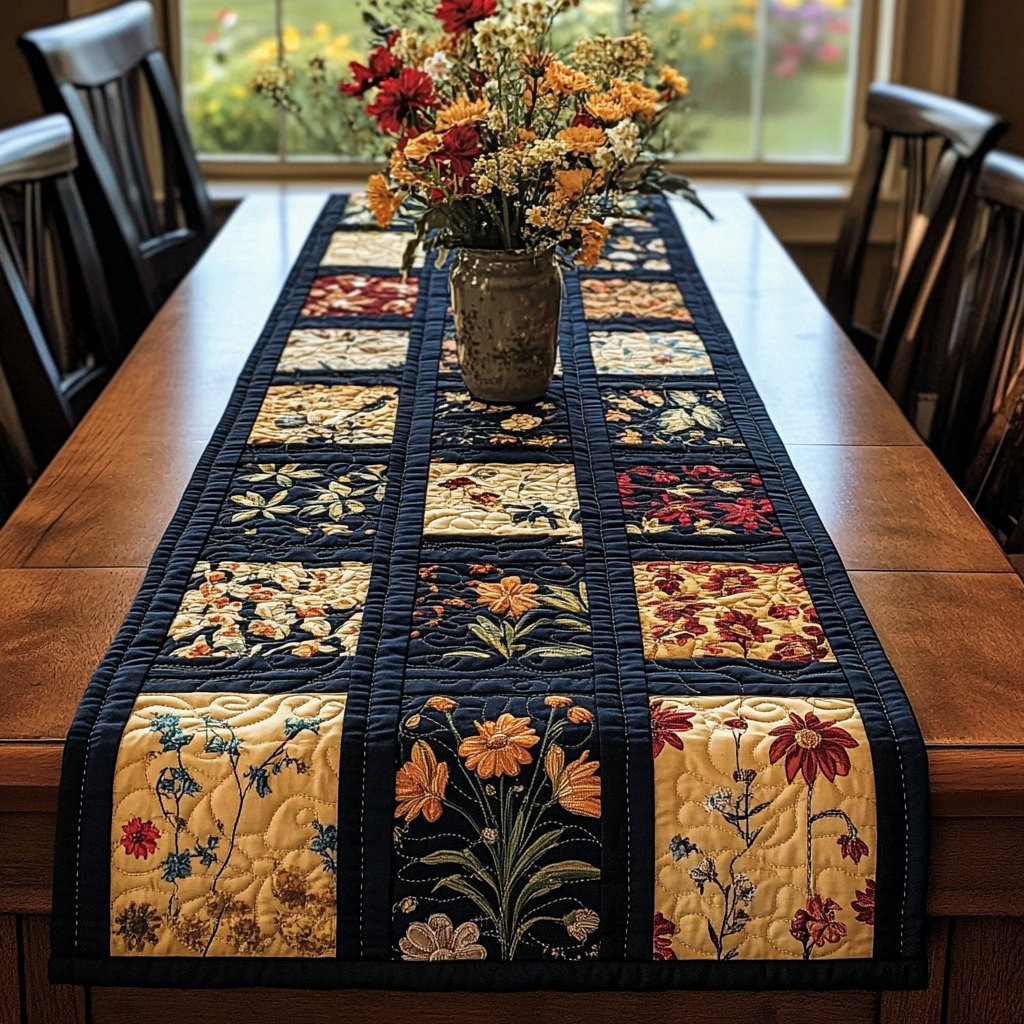 Floral Blocks on Navy Grid Table Runner - Made to Order TABLE928