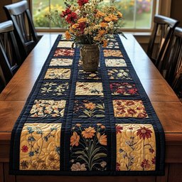 Floral Blocks on Navy Grid Table Runner - Made to Order TABLE928