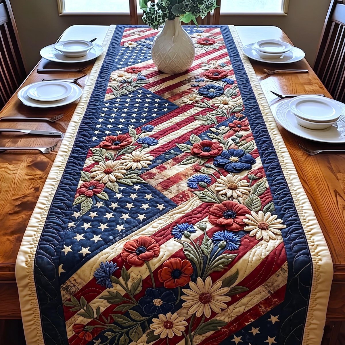 Flag with Poppies and Daisies Table Runner - Made to Order TABLE928
