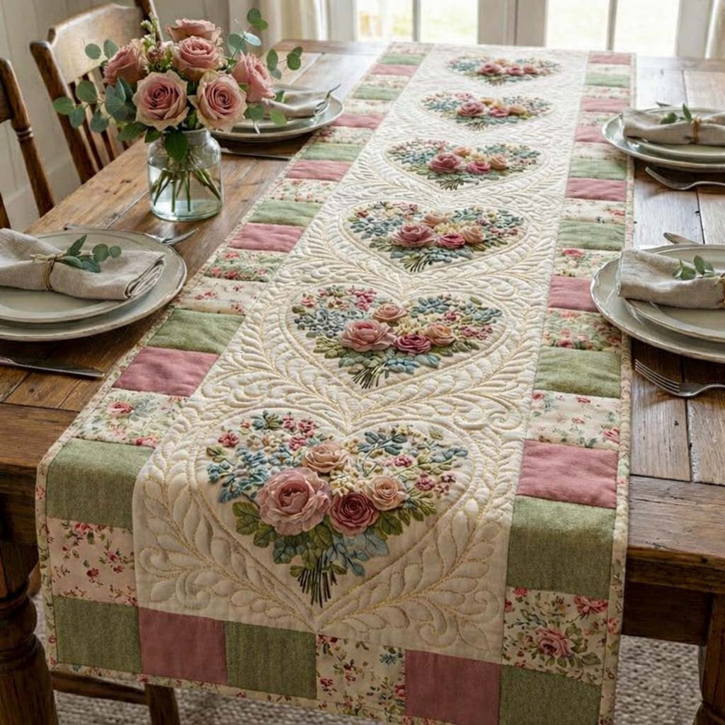 Floral Hearts on Green Patchwork Table Runner - Made to Order TABLE928
