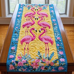 Flamingo Pair on Yellow Panel Table Runner - Made to Order TABLE928