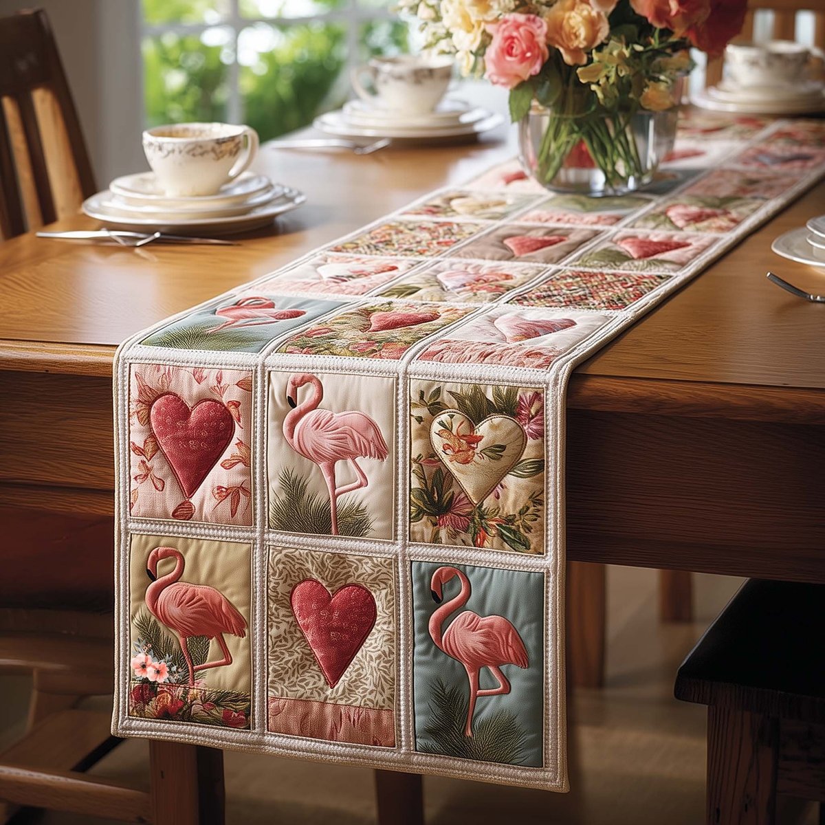 Flamingos with Hearts and Flowers Table Runner - Made to Order TABLE928