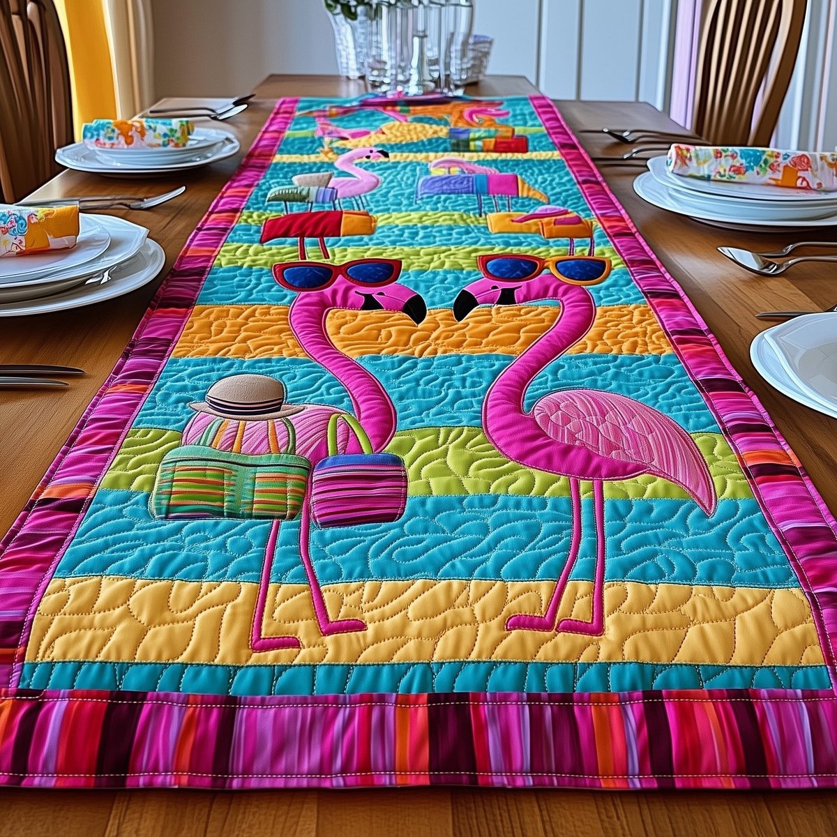 Flamingos with Sunglasses on Stripes Table Runner - Made to Order TABLE928