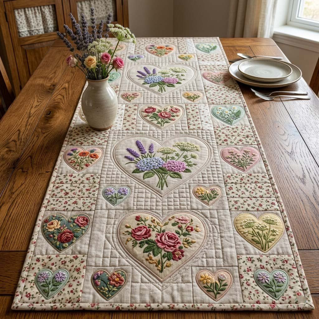 Floral Hearts on Cream Squares Table Runner - Made to Order TABLE928