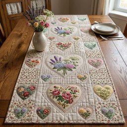 Floral Hearts on Cream Squares Table Runner - Made to Order TABLE928