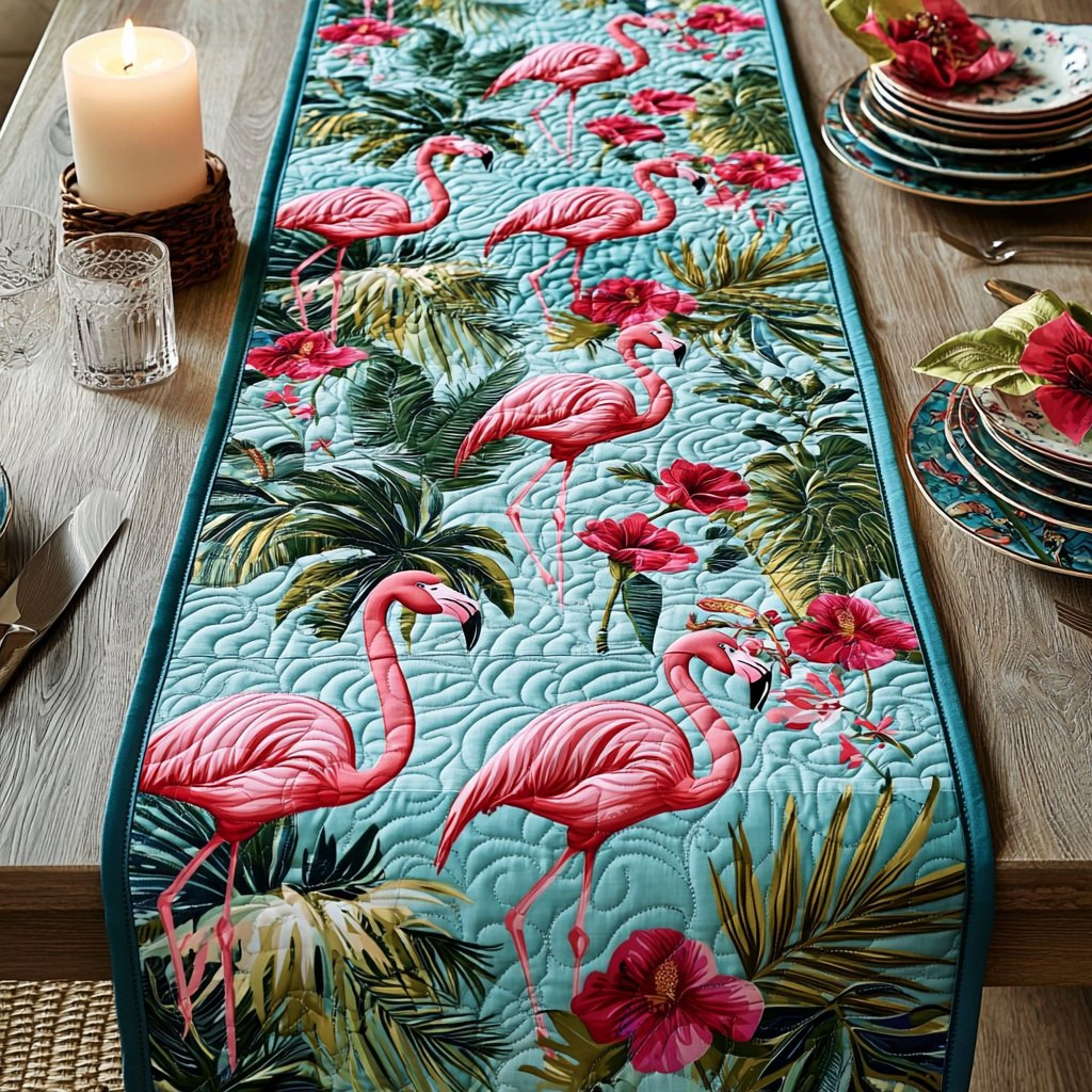 Flamingos Among Palms and Hibiscus Table Runner - Made to Order TABLE928