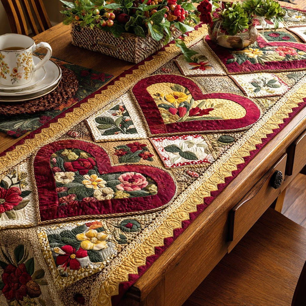 Floral Hearts on Golden Border Table Runner - Made to Order TABLE928