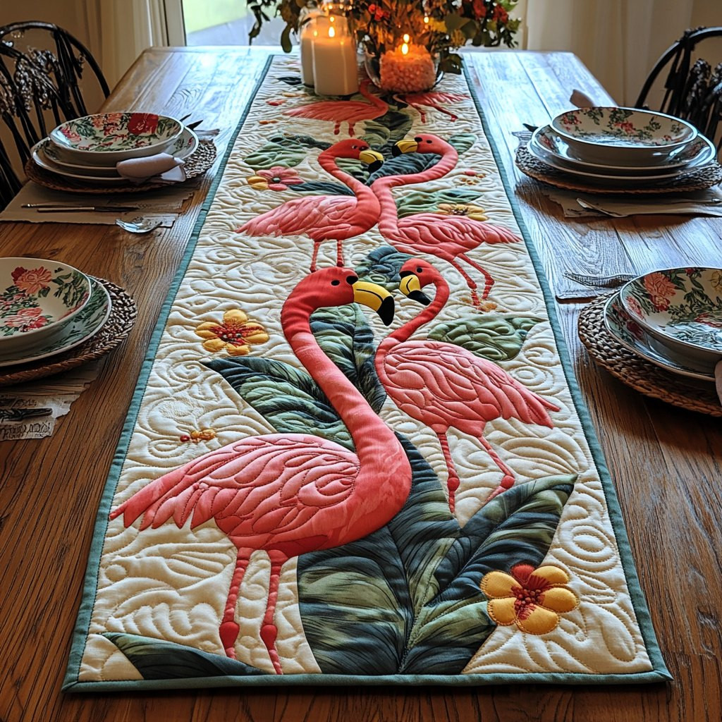 Flamingos with Broad Green Leaves Table Runner - Made to Order TABLE928