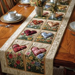 Floral Heart Blocks on Cream Table Runner - Made to Order TABLE928