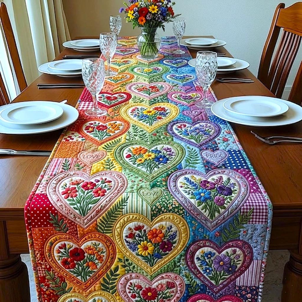 Floral Heart Blocks in Bright Colors Table Runner - Made to Order TABLE928