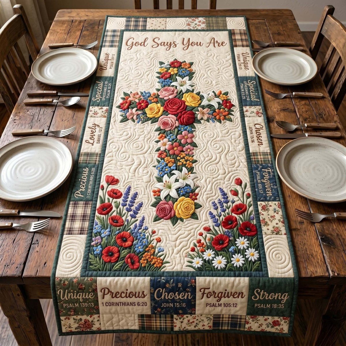 Floral Cross with Faith Words Table Runner - Made to Order TABLE928