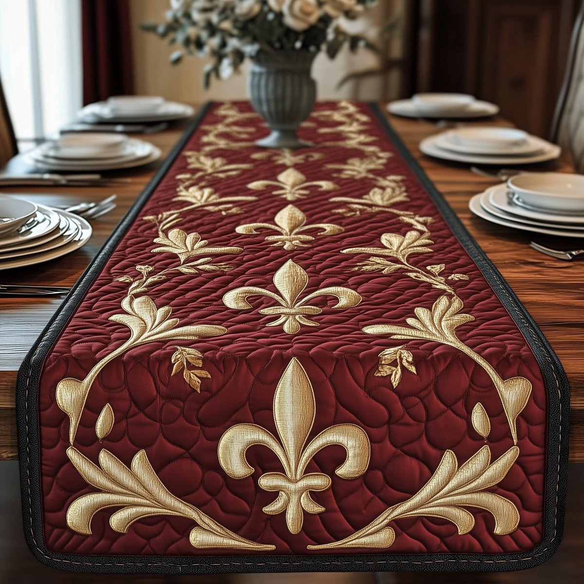 Fleur de Lis Damask on Wine Red Table Runner - Made to Order TABLE928