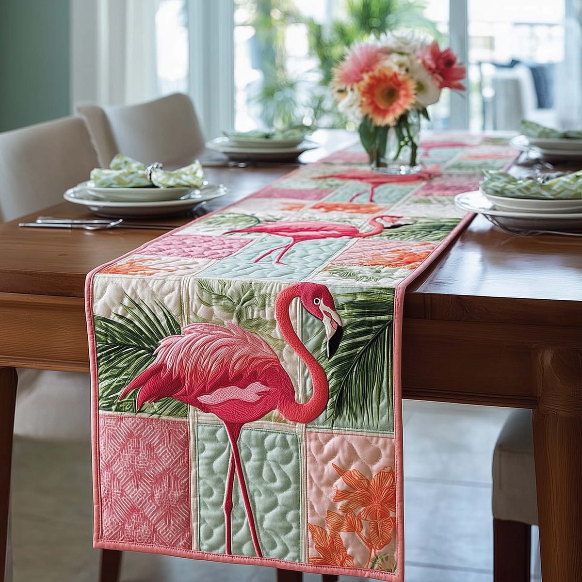 Flamingo Among Tropical Leaves Table Runner - Made to Order TABLE928