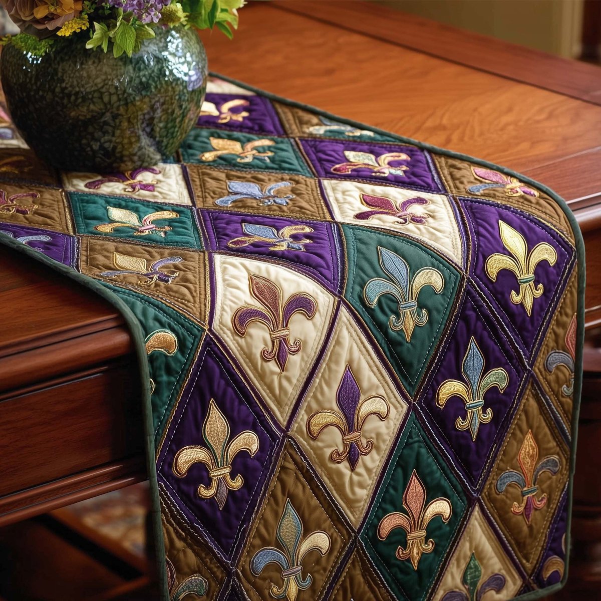 Fleur de Lis in Green Diamonds Table Runner - Made to Order TABLE928