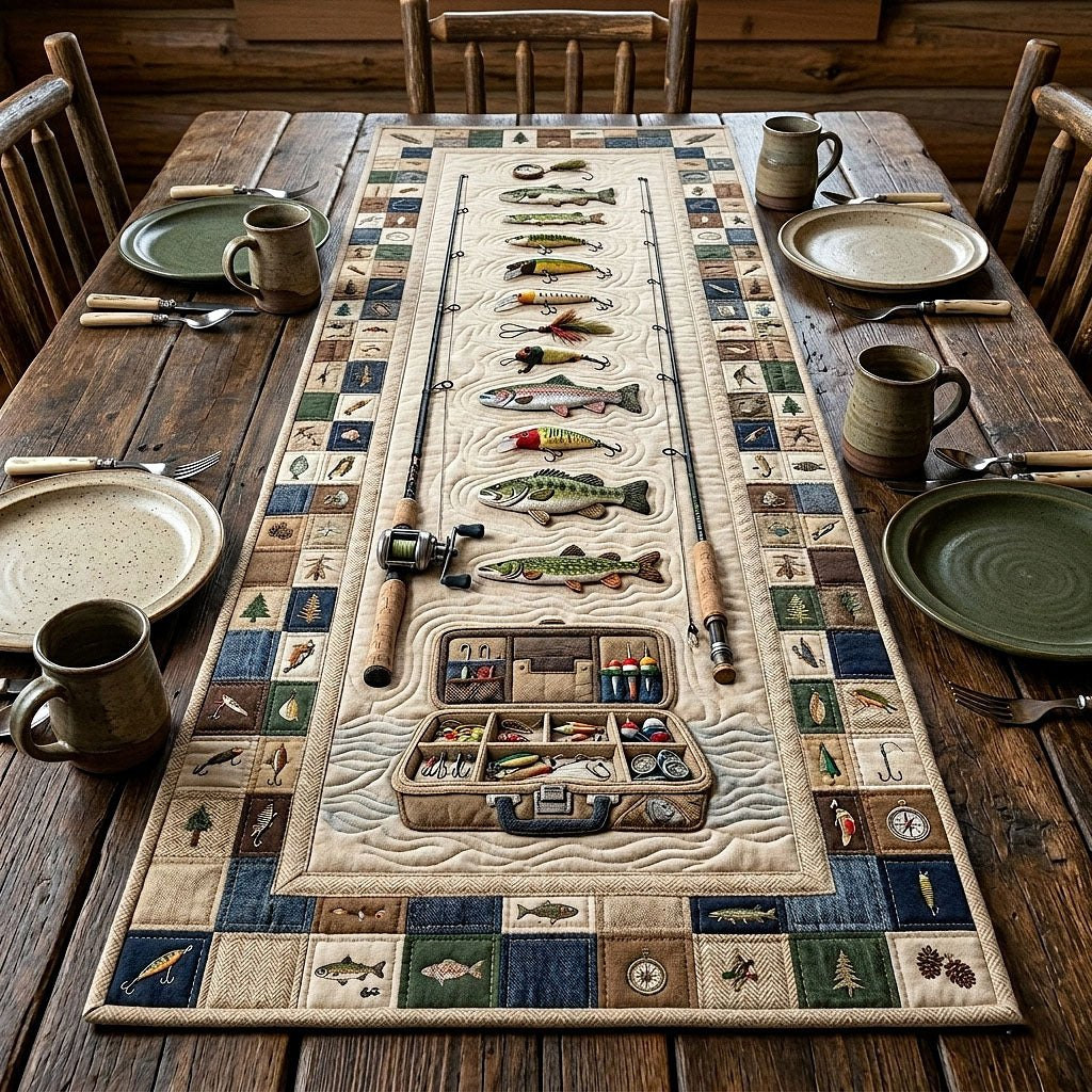 Fishing Gear and Tackle Box Blocks Table Runner - Made to Order TABLE928