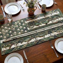 Fishing Rods on Green Camo Table Runner - Made to Order TABLE928