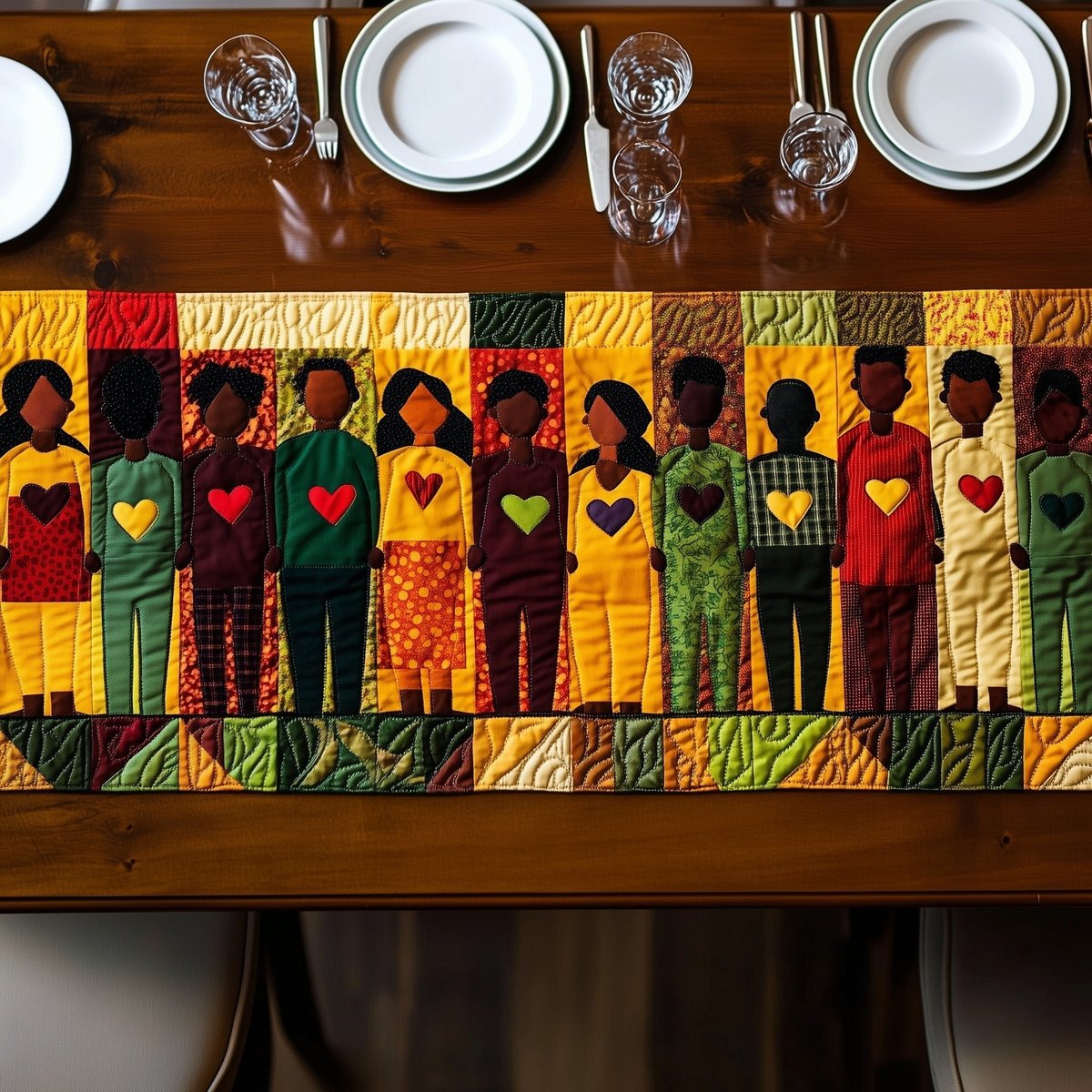Figures with Heart Chests on Gold Table Runner - Made to Order TABLE928