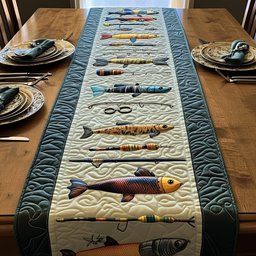 Fish and Fishing Lures on Cream Table Runner - Made to Order TABLE928