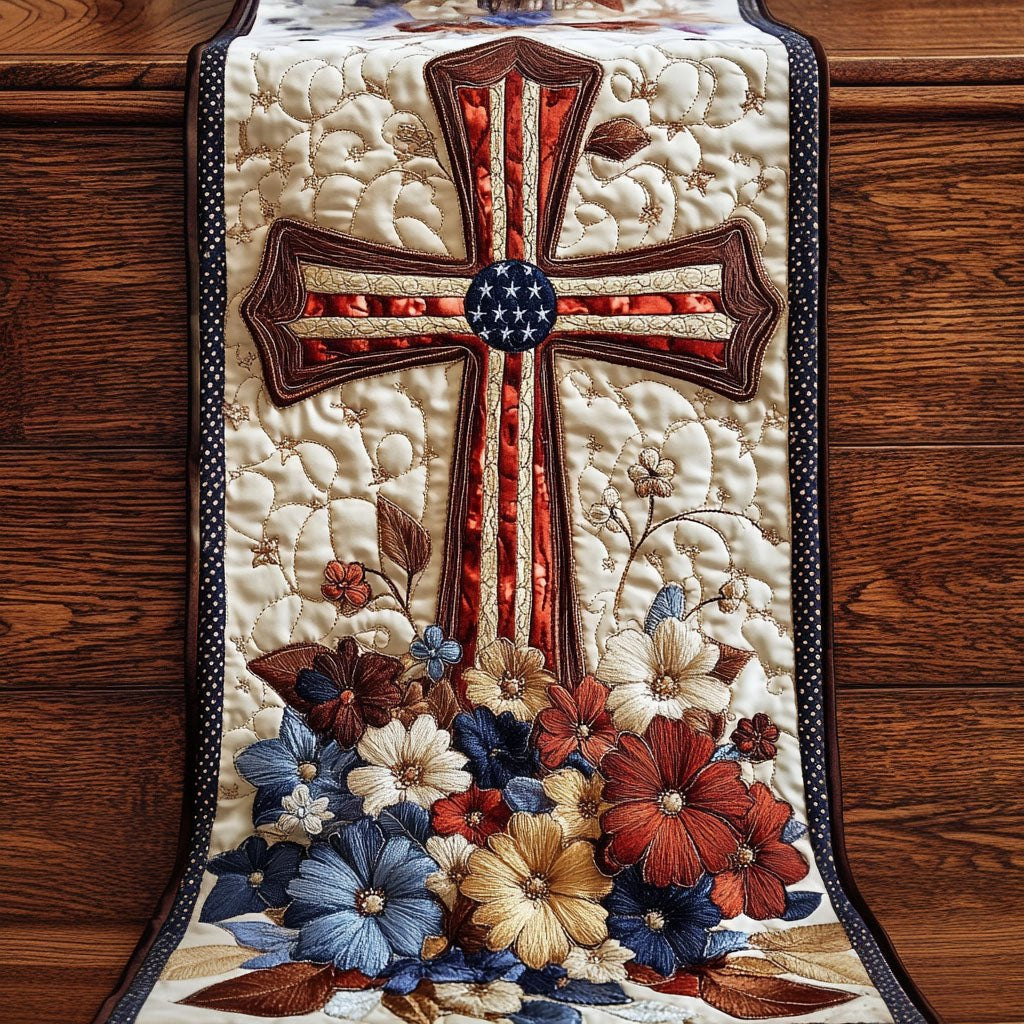 Flag Cross with Garden Flowers Table Runner - Made to Order TABLE928
